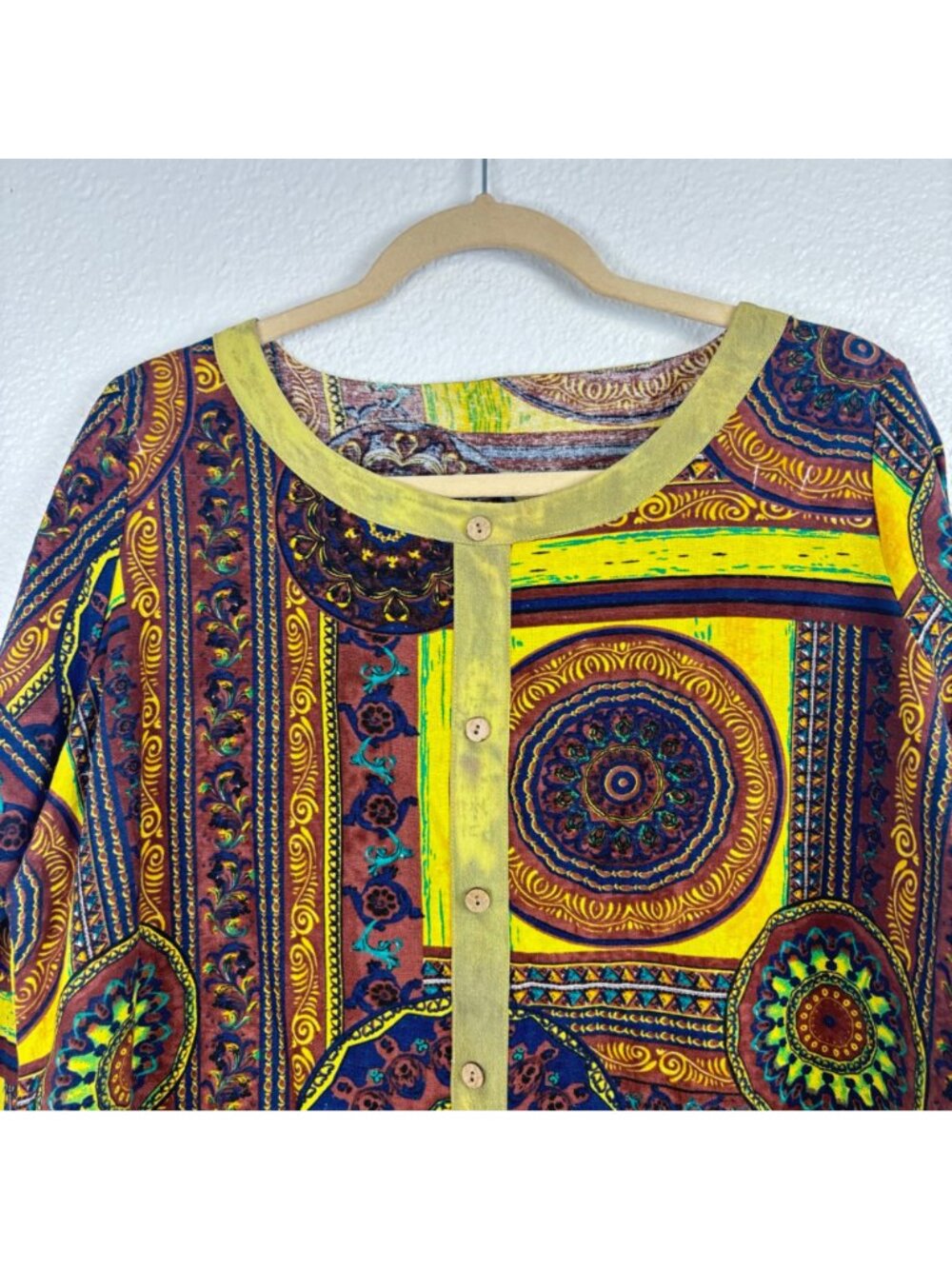 ✨3/$30 Multicolor M Long-Sleeve Top Blouse Geometric Print Afrocentric Boho - Picture 2 of 5